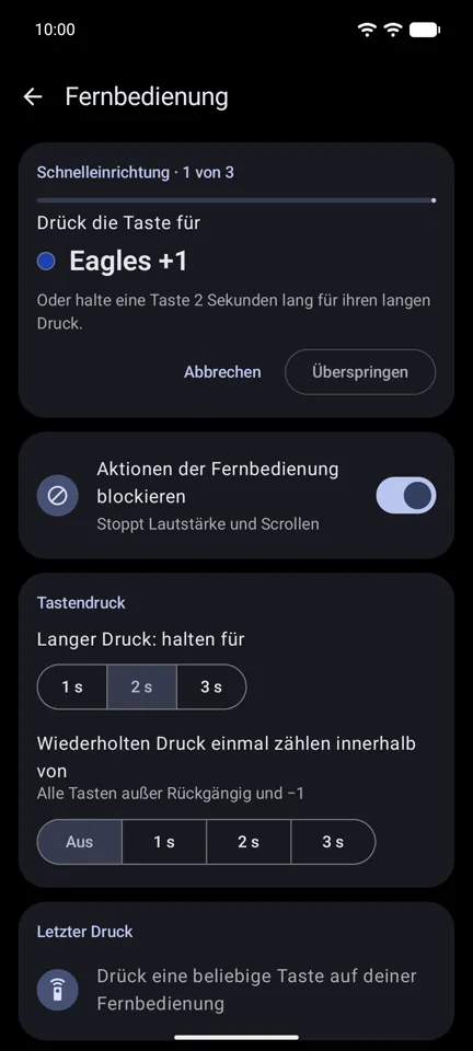 Die Schnelleinrichtung lernt die Tasten der Fernbedienung an