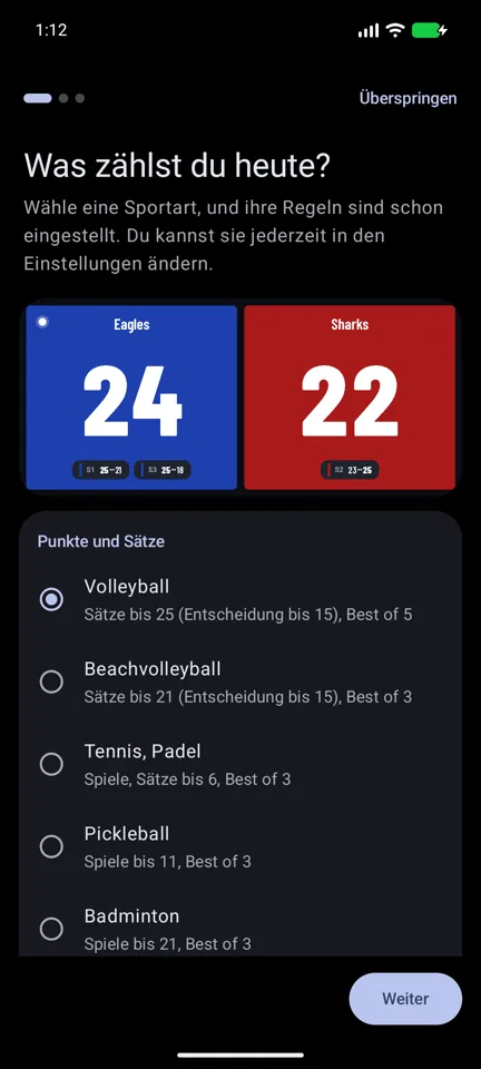 Eine Sportart wählen, ihre Regeln schon eingestellt