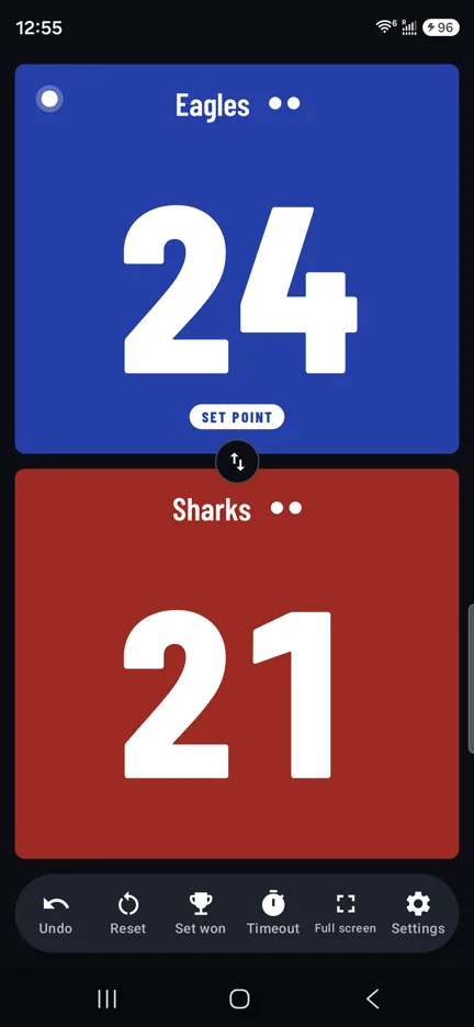 A volleyball board at set point, 24 to 21