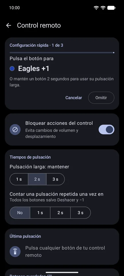 La Configuración rápida enseñando sus botones al control remoto