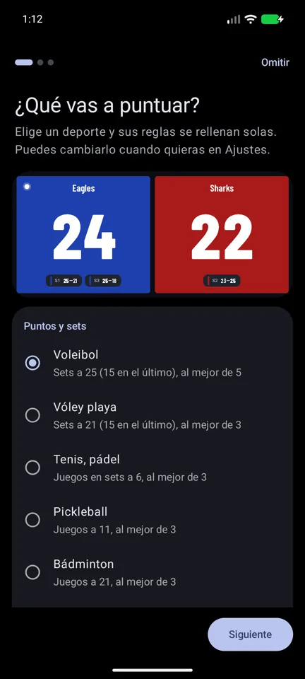 Eligiendo un deporte, con sus reglas ya rellenas