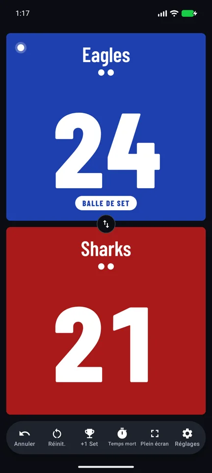 Un tableau de volley-ball sur balle de set, 24 à 21
