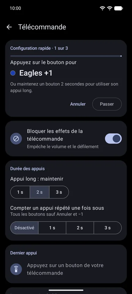 La Configuration rapide apprend ses boutons à la télécommande