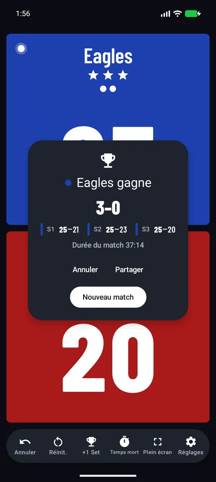 Le résultat du match, 3 sets à 0, avec le score de chaque set