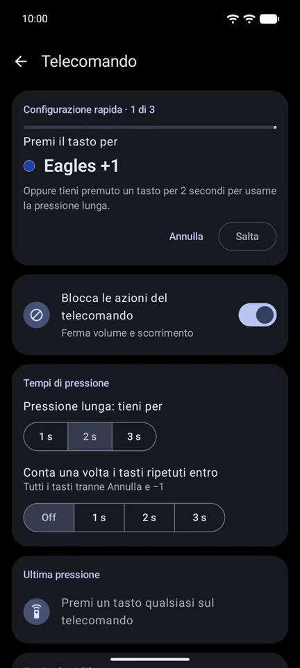 La Configurazione rapida, che insegna i tasti al telecomando