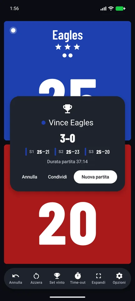 Il risultato della partita, 3 set a 0, con il punteggio di ogni set