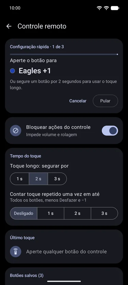 Configuração rápida, ensinando os botões ao controle
