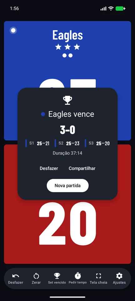 O resultado da partida, 3 sets a 0, com o placar de cada set