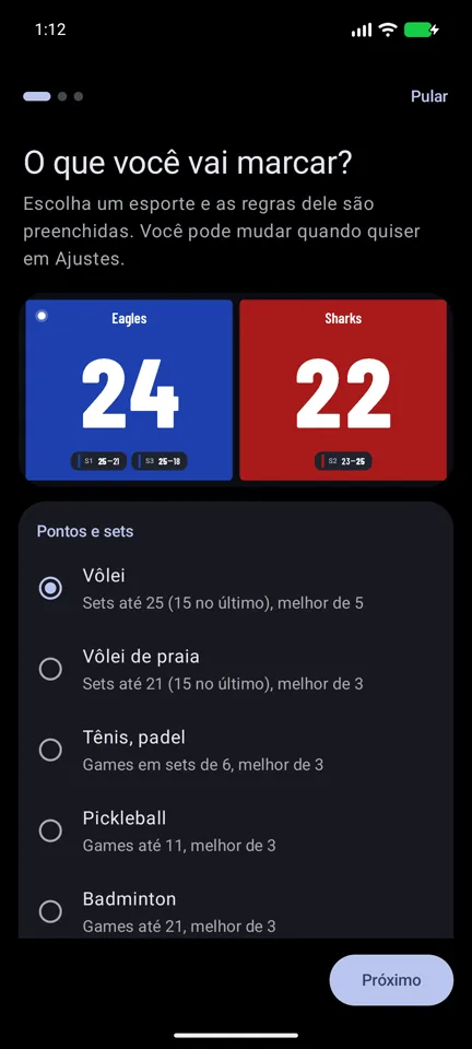 A escolha de um esporte, com as regras já preenchidas
